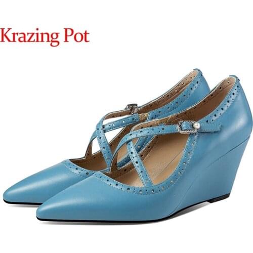 Krazing Pot new genuine leather pointed toe high heels wedges three colors beauty lady daily wear European style women pumps L18