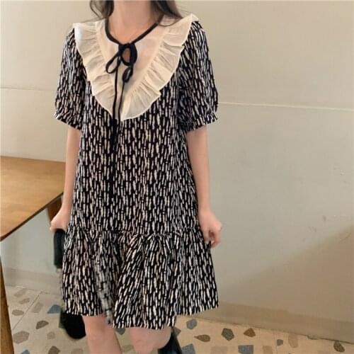 Summer Knee Length Fashion Office Flower Chiffon Ruffles O Neck Big Size Women Dress YOU201