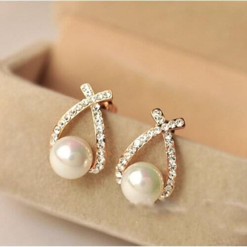 Fashion Popular Cross Shaped Rhinestone Earrings Wild Pearl Crystal Stud Earrings For Women Jewelry Wedding Party Gift