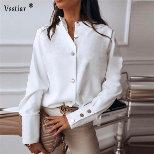 Fashion Metal Button Tops Woman Long Sleeve Casual Office Ladies Blouse Sexy V Neck Women Shirts Plus Size White Black Pink