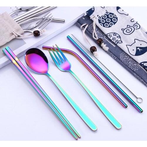 Stainless Steel Flatware Set 5pcs/set Reusable Metal Fork Spoon Chopsticks Portable Travel Silverware Set SN1608