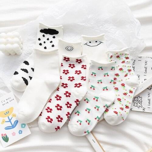 Crimped Socks Women Korean Style Women Cotton Socks Floral Harajuku Style Cute Girl Soft Sister White Female Cos Play JK Socks