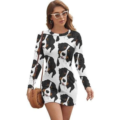 Bernese Mountain Dog Dress Long Sleeve Comfortable Spandex Bodycon Ladies Sleeve Autumn Curvy One-Piece Dress