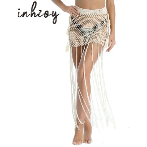 Beach Fishnet Cover-Ups Women Crochet Skirt Hollow Out Swimwear Cover Ups Sexy Tassels Mini Skirt