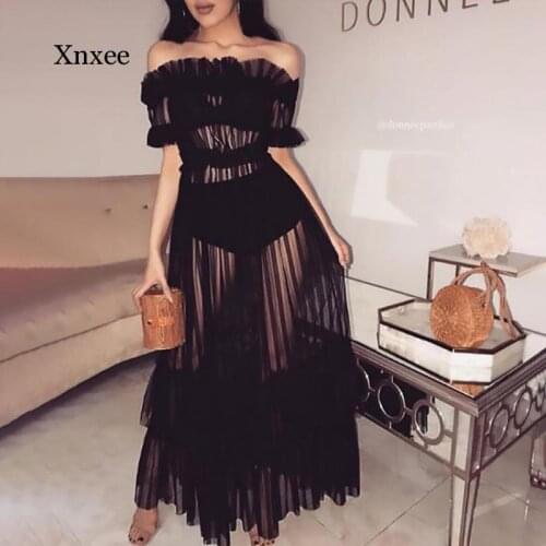 Plus Size Women Ruffle Sexy Off Shoulder Mesh Swimsuits Cover-Ups Sheer See Through Bikini Cover Up Tulle Beach Long Dress