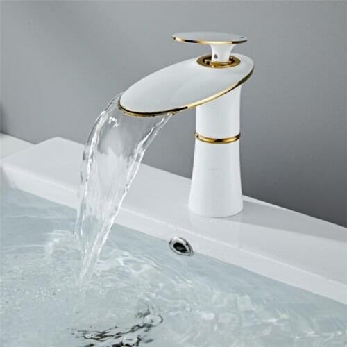 Basin Faucet Gold and White Waterfall Faucet Brass Bathroom Faucet Bathroom Basin Faucet Mixer Tap Hot and Cold Sink Faucet D053