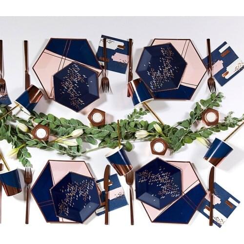 Navy Blue Pink Rose Gold Foil Party Disposable Tableware Lattice Paper Plate Cups Napkins For Wedding Birthday Baptism Decor