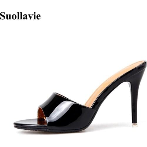 Suollavie classic Patent leather lady shoes Solid women slippers peep toe high heel Black apricot slider Leisure female sandals