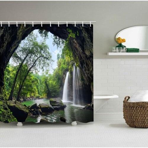 Cave waterfall beauty polyester printed waterproof shower curtain bathroom partition curtain factory direct sales