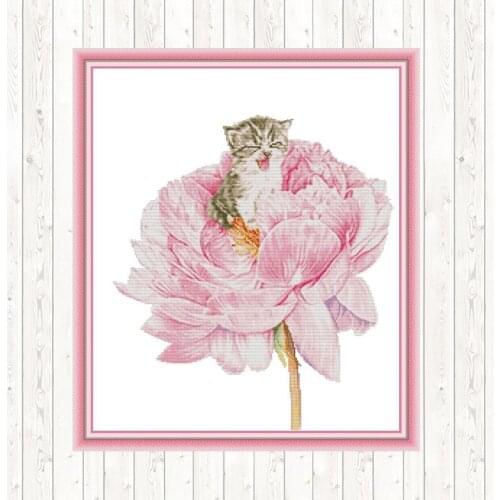 Cat In The Flower Cross-stitch Embroidery Animals Printed on Canvas Counted Fabric 14CT 11CT DMC DIY Embroidery Kits Needlework
