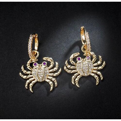 Top Quality Fashion Micro Pave Premium Zircon Crystals Gold Sea Crab Pendant Earrings For Women Vintage Jewelry