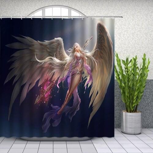 Beautiful Dream Girl Anime Character Feather Wings Angel Shower Curtains Bathroom Decor Waterproof Polyester Cloth Curtain Set