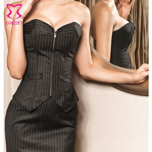 Black Pinstripe Strapless Gotico Burlesque Women Zipper Corset Skirt Office Suit Sexy Gothic Corset Dress Corpetes E Espartilhos