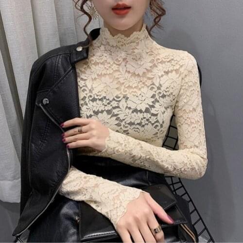 Female Sexy Long-sleeved Lace Pullover Bottoming Slim Shirt Autumn Womens Turtleneck All-match Tops Ladies With Basis T-shirts