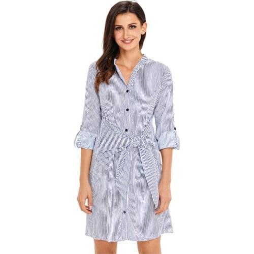 2022 New spring autumn summer women Casual V Neck striped shirt unique waist dress Waist Button Down Shirt Dress