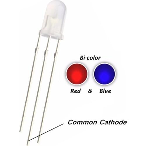 100pcs 5MM Red and Blue F5 Bicolor LED Common Cathode diffused Round Head Lamp Light Beads RED+BLUE R+B