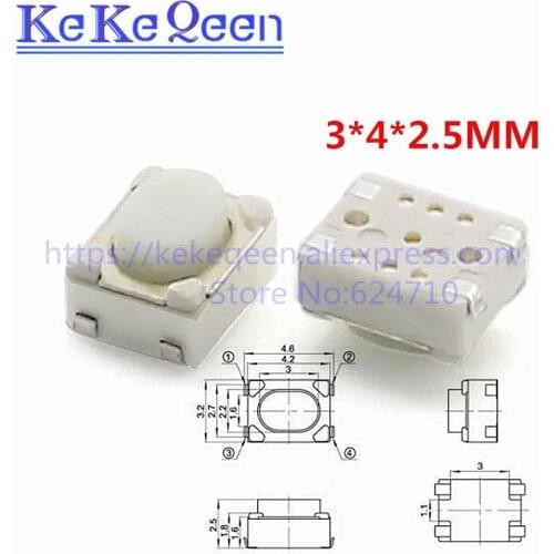 100PCS/BAG 3*4*2.5mm SMD Tact Switch 4 Pin Touch Micro Switch Push Button Switches 3x4x2.5H White Button Car Remote Key Button