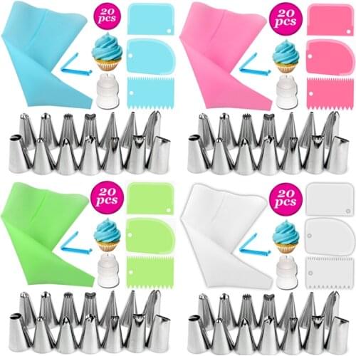 20Pcs/Set Pastry Nozzle with Cream Pastry Bag Set Kitchen Gadget 4Colors Multi Purpose Stainless Steel Cakes Decoration Tool