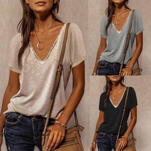2021 Summer Shirts For Women Fashion V Neck Patchwork Loose T Shirt Female Short Sleeve Top Ladies Tee Plus Size Shirt Pullover