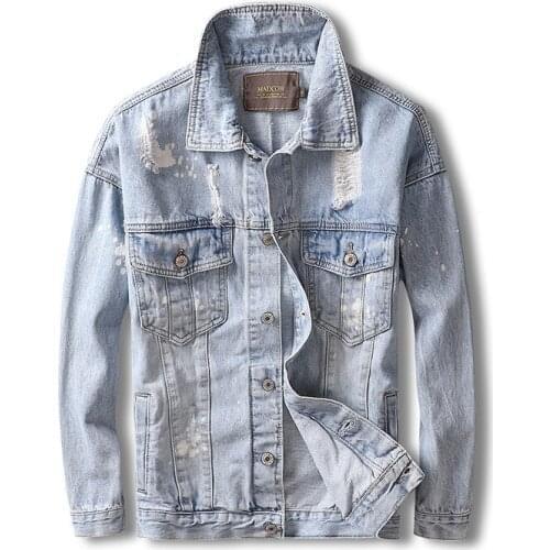 2021 Korean Style Fashion Men Jacket Retro Light Blue Destroyed Ripped Coats Paint Designer Streetwear Hip Hop Denim Jackets Men