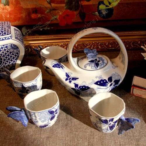 Kung Fu Teaware Set Jingdezhen Blue and White Porcelain Butterfly Love Four-person Set wedding decoration