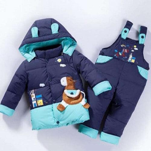2018 New Kids Winter Suits Horse Childrens Boys Girls Duck Down Jacket Outerwear&Coats+bib Pants 2pcs Girls Warm Set Snowsuits