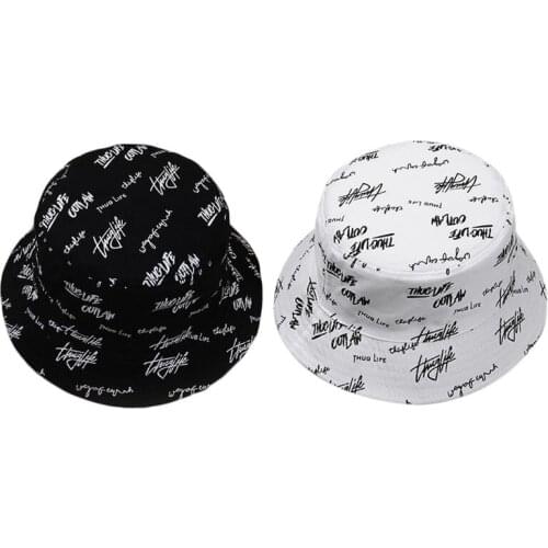 Japanese Women Men Reversible Cotton Bucket Hat Harajuku Letters Graffiti Printed Sun Protection Double Sided Hip Hop Cap