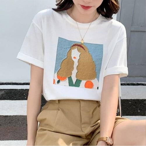 GGRIGHT Abstract Graphic T Shirt Women 2021 New Aesthetic Character Printed Cotton Tees Loose Basic Short Sleeve Female Tops