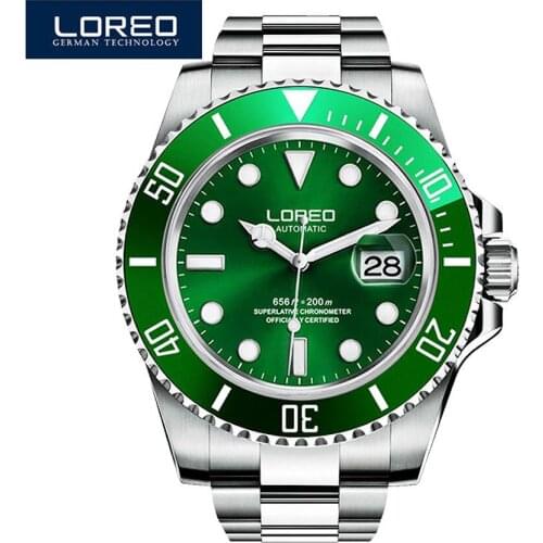 LOREO Green Water Ghost Series Luxury Men Automatic Watches Stainless Steel Diving 200m Waterproof Luminous Mechanical Watch