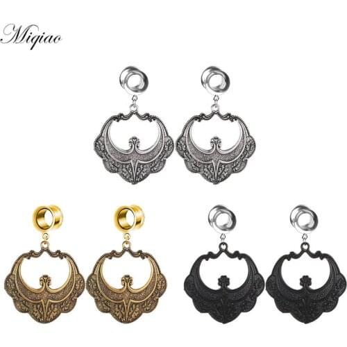 Miqiao 2pcs Retro Folk Style Stainless Steel Carved Bat Ear Expander 6mm-25mm Exquisite Human Body Piercing Jewelry