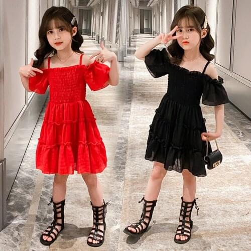2021 Fashion Elegant Girls Party Dress Kids Baby Children Girls Off Shoulder Strap Ruched Solid Princess casual Dress Robe bébé