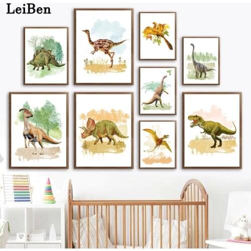 Cartoon Jurassic Safari Dinosaur Poster Tyrannosaurus Stegosaurus Wall Art Canvas Painting Wall Pictures for Kids Room Decor