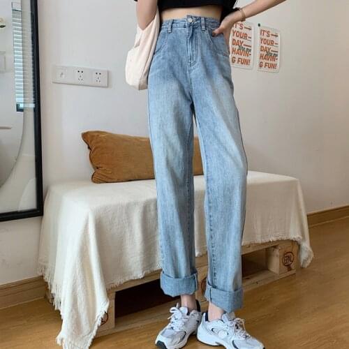 2021Summer new style Korean retro high-waisted loose jeans womens straight-leg all-match thin wide-leg pants trousers tide
