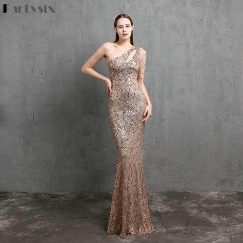 Partysix New 2021 Beads Party Women Dress Elegant One Shoulder Gold Long Sequin Evening Dress