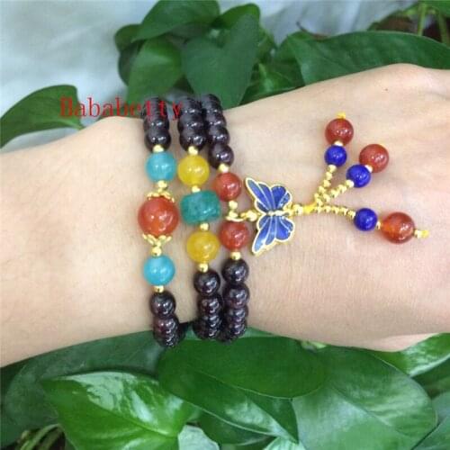 NEW Natural wine red multi-color stone hand-woven bracelet 3 laps 4-5MM Pretty bracelet 001