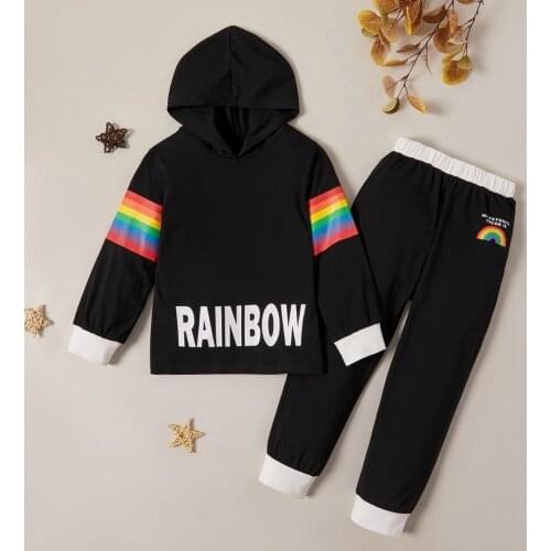 PatPat 2020 New Arrival Autumn and Winter Trendy Letter Rainbow Striped Hooded Sweatshirt and Pants Sets Children Clothes