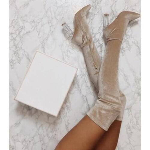 Sexy Blush Over Knee Thigh High Boots Clear Chunky Heel Pointed Toe Long Boots Faux Velvet Slim Fit Winter Runway Boots Shoes