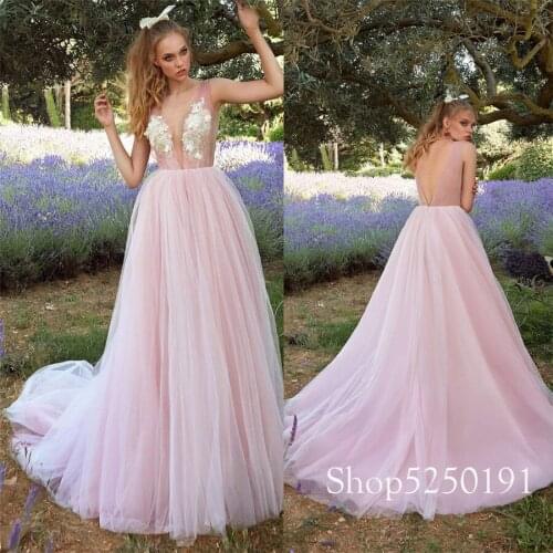 Sexy V-Neck Tulle A-Line Wedding Dresses With Lace Appliques Backless Formal Princess Bridal Gowns Vestios De Mariage Spring