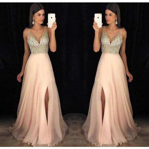 SuperKimJo Robe Pink V Neck Prom Dresses Long Beaded Sleeveless Elegant Chiffon Cheap Prom Gown Vestido De Longo