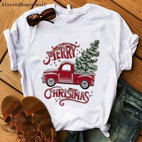 Merry Christmas t shirt women harajuku christmas tree truck printed funny t shirt female casual short sleeve women vogue t shirt