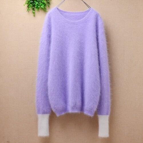 Ladies women fashion purple hairy mink cashmere knitted colored o-neck slim blouses pullover angora fur jumper sweater pull tops