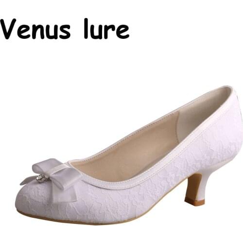 Women Shoes Low Heel Closed Toe Lace Bridesmaids Prom Evening Bridal Wedding Pumps Ivory White