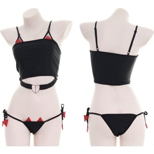 Sweet Little demon Tube top Love Heart Slim Pajamas Women Black Underwear Sexy Harajuku Maid Suspenders Split Sleepwear Cosplay