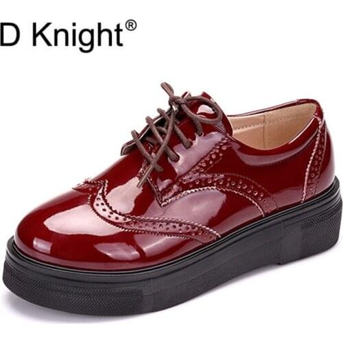 Patent Leather Women Platform Oxfords Brogue Flats Shoes Lace Up Round Toe Brand Female Footwear Shoes For Women Creepers Black