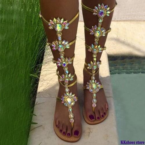 Woman Bohemia Sandal Boots Rhinestone Lady Knee High Boots Thin High Heels Stiletto Crystal Dress Summer Shoes Sandalias