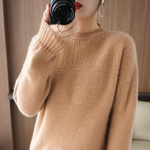 Autumn and winter womens O-neck sweater 100% pure wool thermal pullover long-sleeved cashmere loose plus size pullover