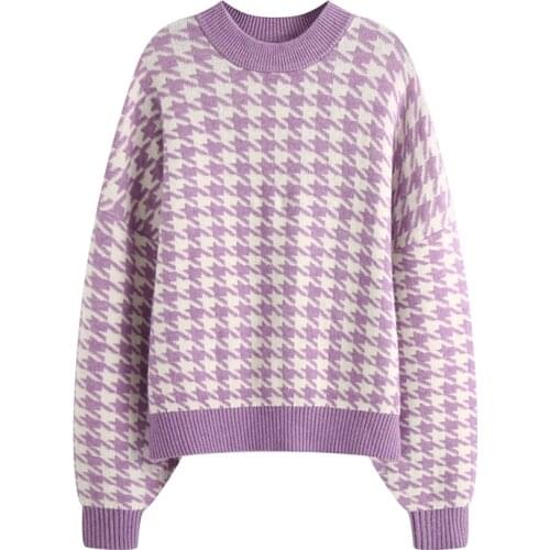 Ladies Sweater Round Neck Sweater New Plaid Sweater Pullover Loose-fitting Korean Style Small Lady Knit Top
