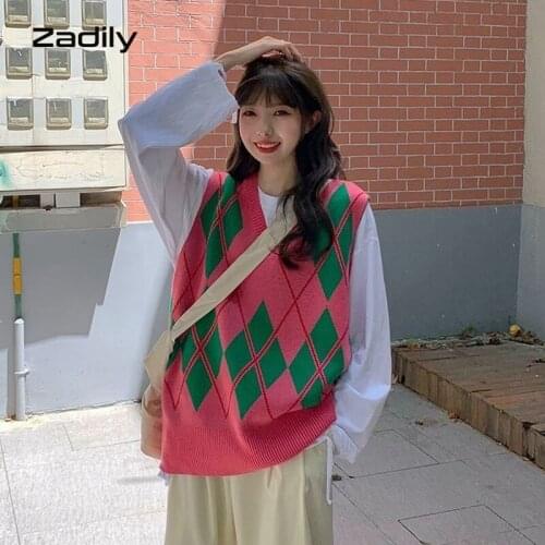 Korean Style Sleeveless Argyle Knit Womens Sweater Casual Loose V Neck Ladies Sweaters Vest 2021 Autumn Winter Female Clothing