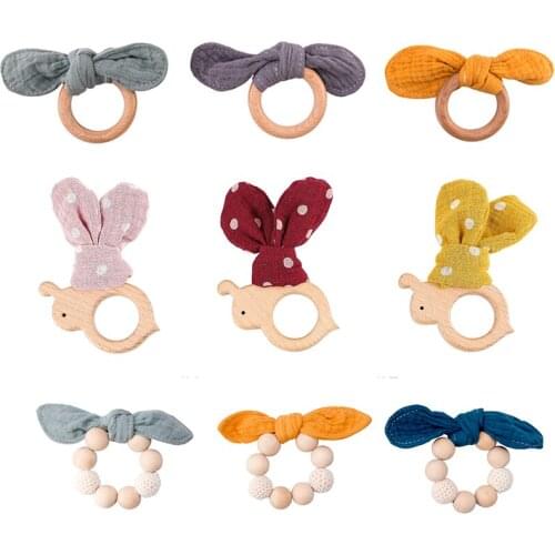 1pc Baby Teether Wooden Ring Teething Bracelet Cotton Bunny Ear BPA Free Wood Rodent Baby Gym Toys Teeth Pendant Accessories Toy