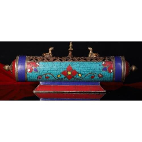 12"Tibet temple Bronze mosaic turquoise Lion head Buddhism incense burner Buddha flower Incense Town House Exorcism